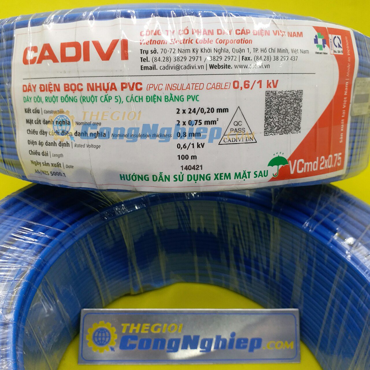 Dây điện Cadivi VCMD 2x0.75 màu xanh, 0.6/1KV, cuộn 100m, giá theo mét