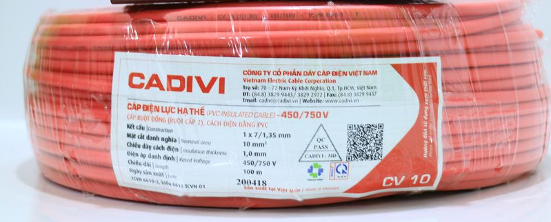 Dây điện đơn CV 10 Cadivi, màu đỏ, cuộn 100m