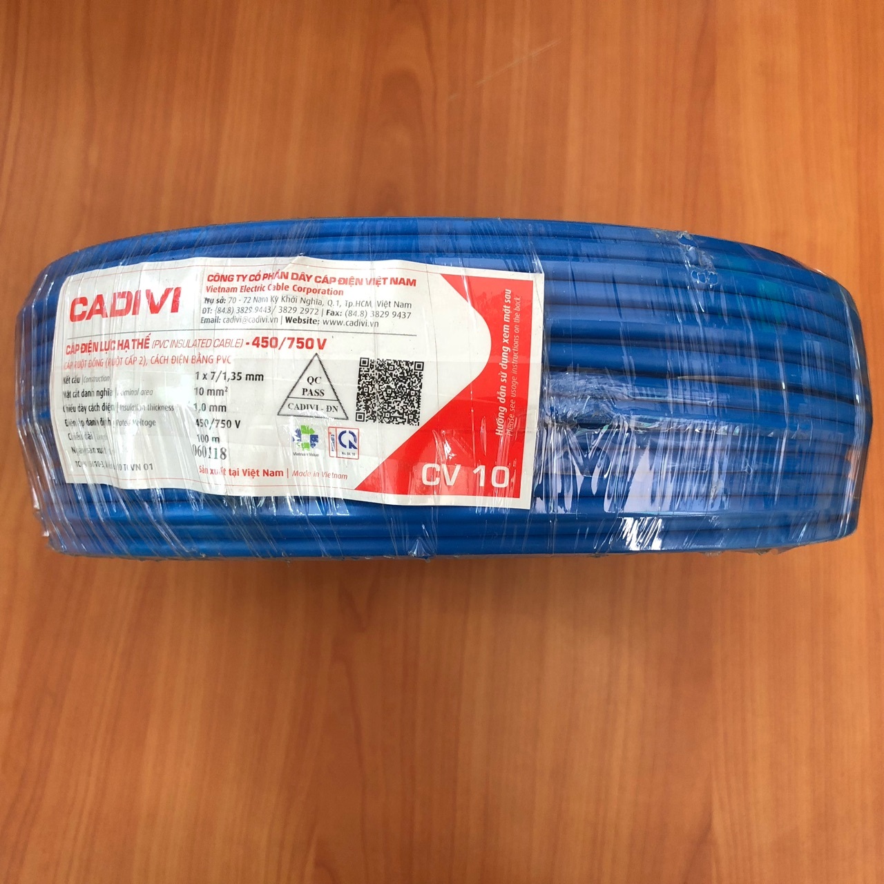 Dây điện đơn CV 10 Cadivi, màu xanh, cuộn 100m