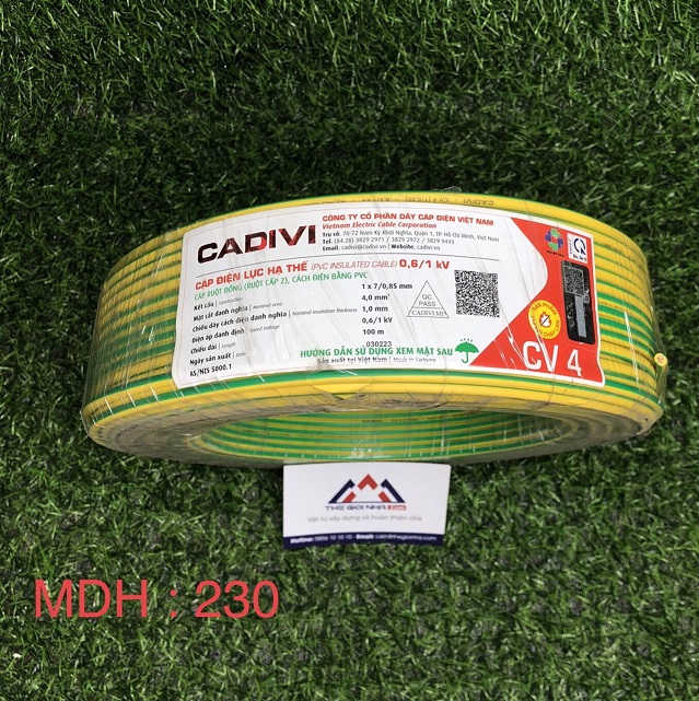 Dây tiếp đất, dây ter Cadivi CV 4 màu vàng xanh, cuộn 100m